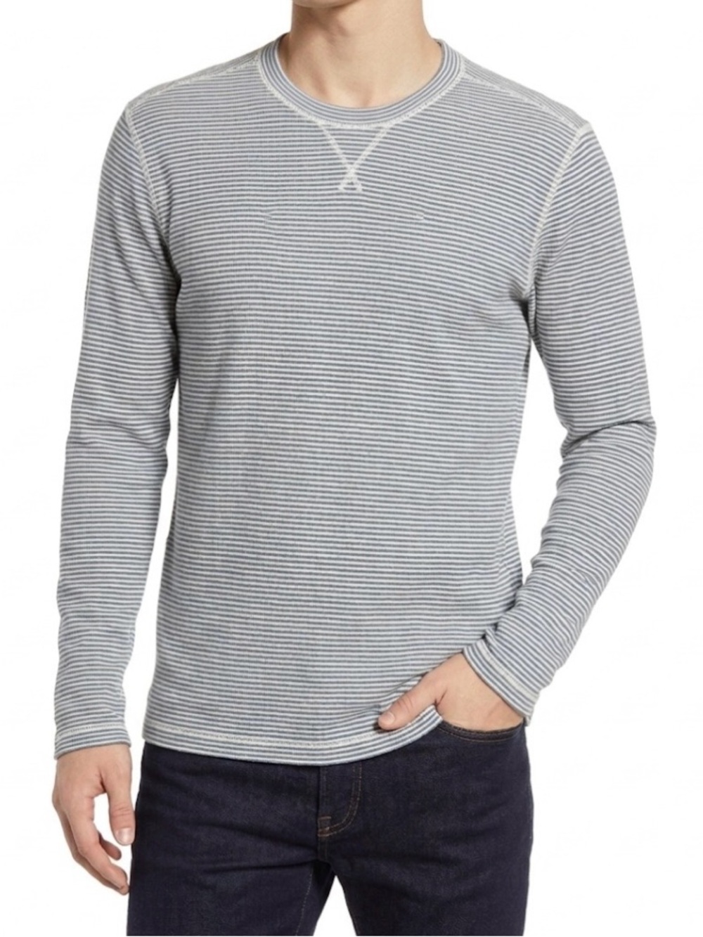 Bonobos Stripe Thermal Knit Cotton Crewneck Men Striped Blue & White Size Medium